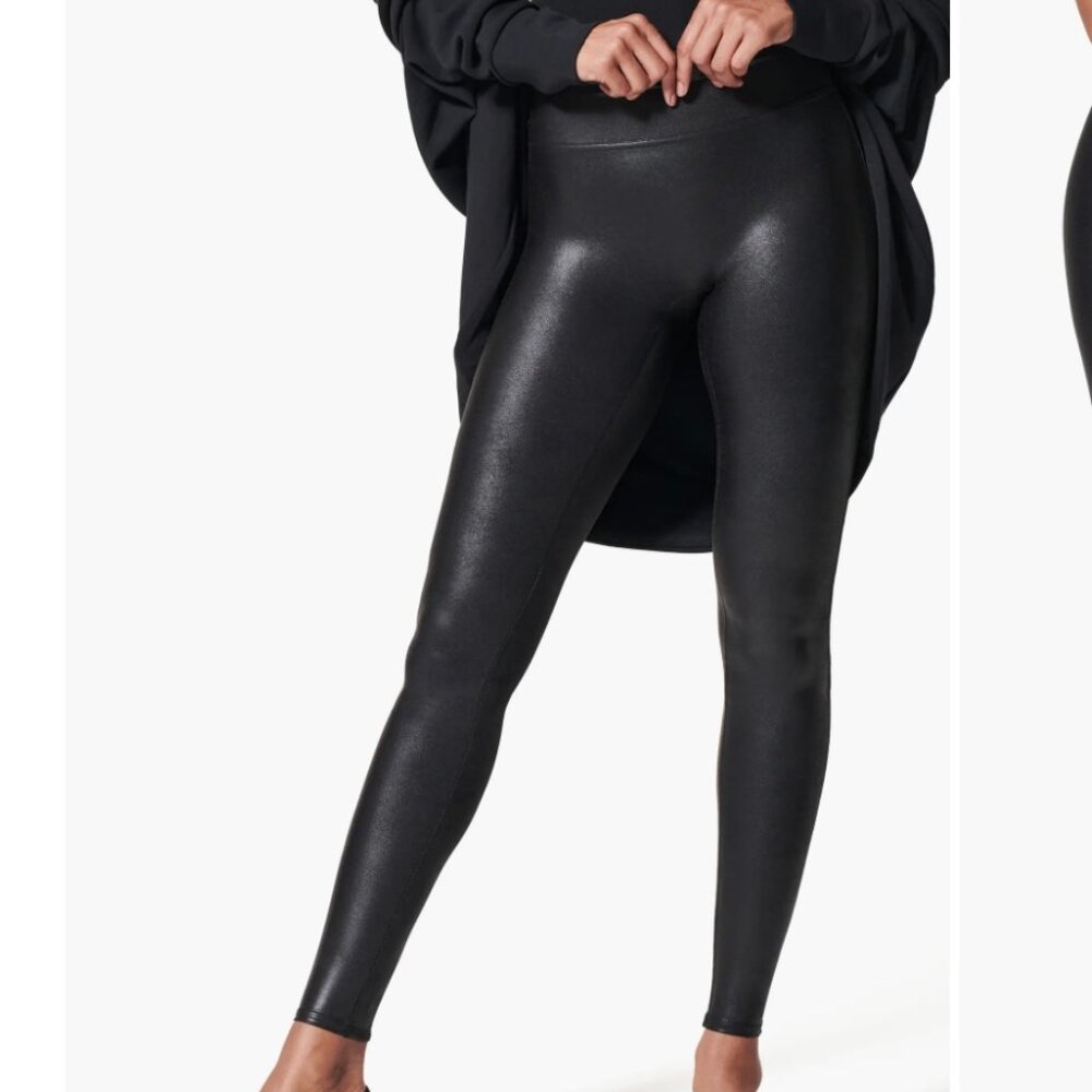Spanx Faux Leather Leggings Black Size XL Petite High Waist‎ Shaping Stretch